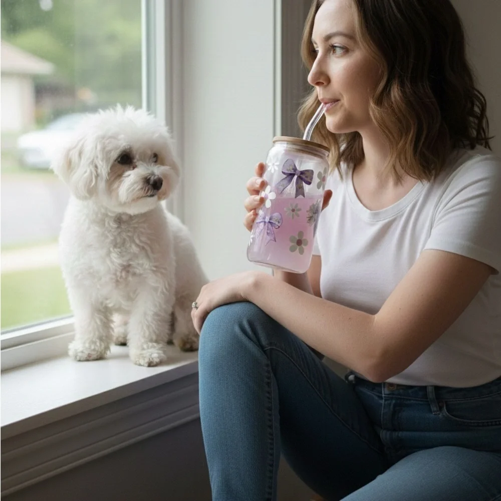 Purple Bows and Daisies Coquette Iridescent Glass Can with Pink Glass Cup - Picture 12 of 12